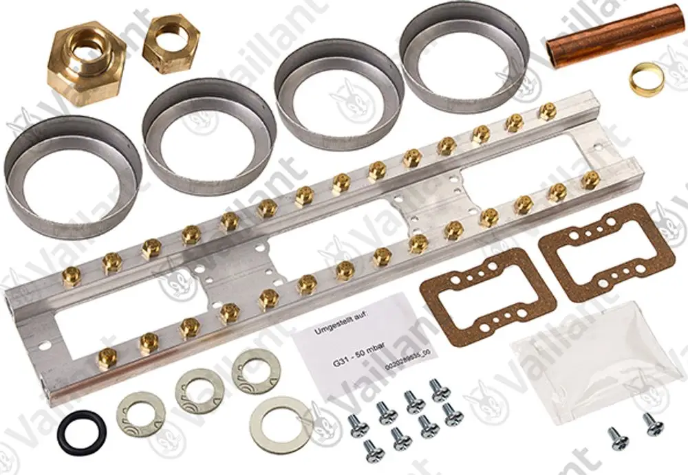 Vaillant Umstellsatz mit verschiedenen Metallteilen, Dichtungen und Schrauben, angeordnet auf einem weißen Hintergrund. Enthält Riegel, Ringe und Unterlegscheiben.